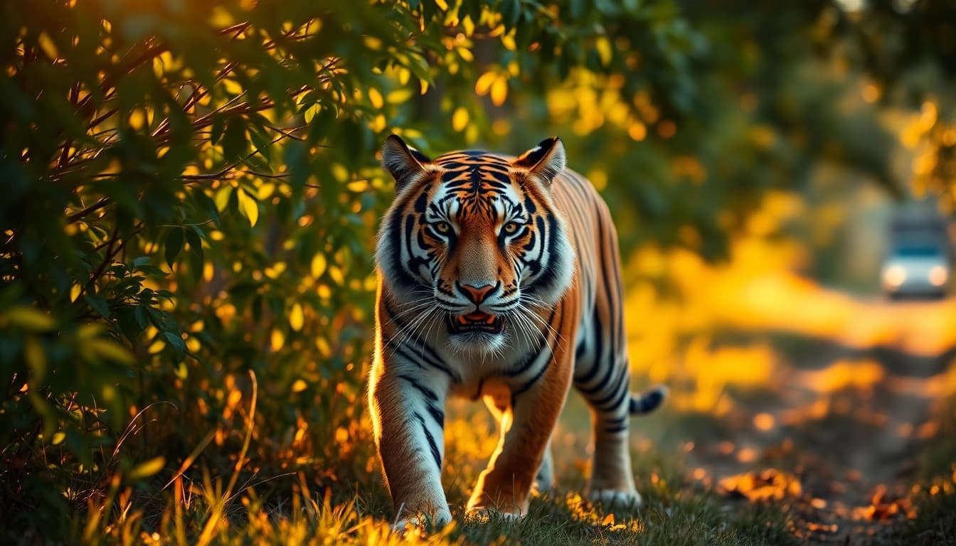 Experience the thrilling adventure of booking a tiger safari in India with this captivating image of a Bengal tiger in its natural habitat.