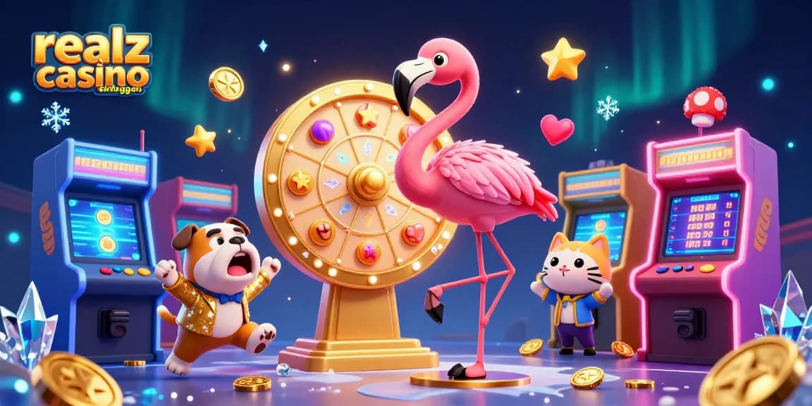 Realz Casino einloggen und spielen: Lebhafte 3D-Illustration eines Spielautomaten mit einem Flamingo und einem Bulldog im Spiel.