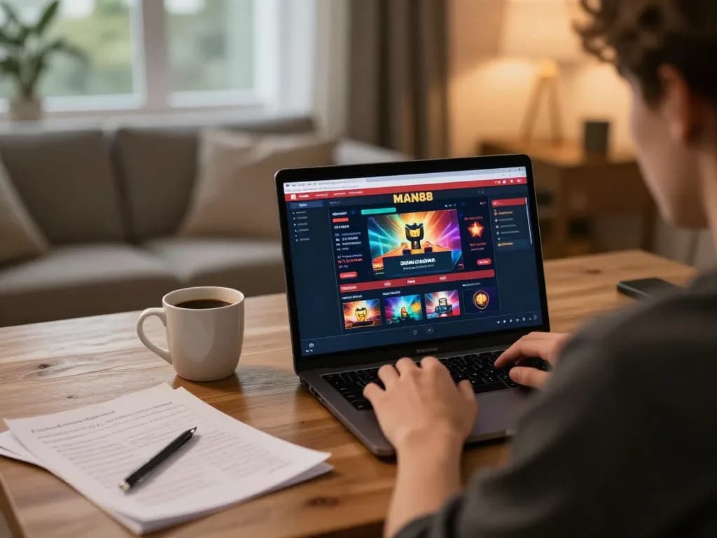 Engaging user enjoying online gaming experience at MAN88 casino setup with cozy home elements.