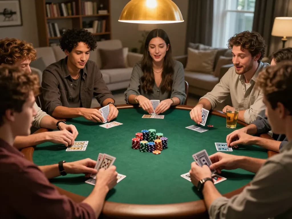 Friends engaging in a friendly poker game at home, showcasing an exciting night with PH22.