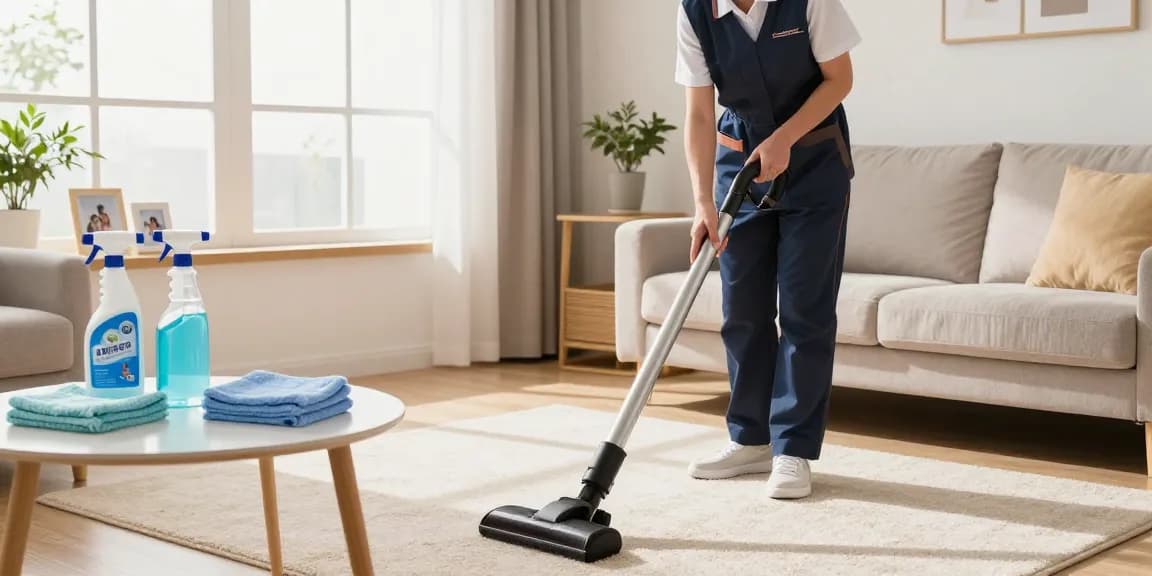 Professional cleaner from putzfirma bern vacuuming a cozy living room, showcasing a pristine cleaning service.