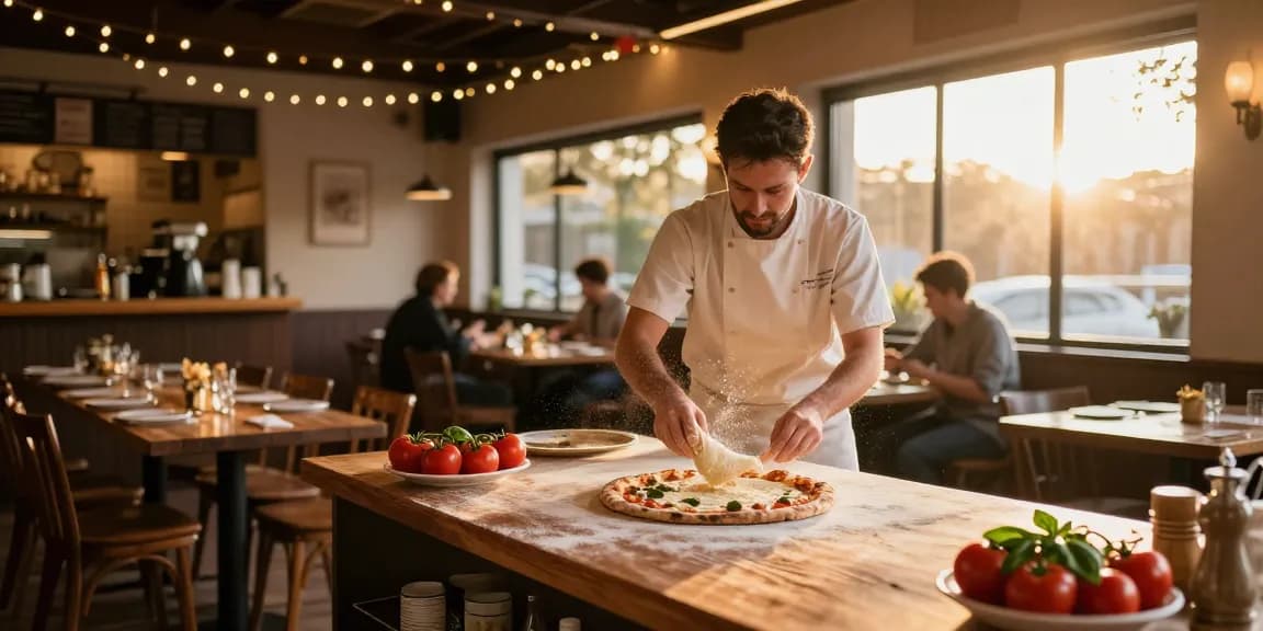 pg soft inspired pizza scene with chef tossing dough and fresh ingredients.