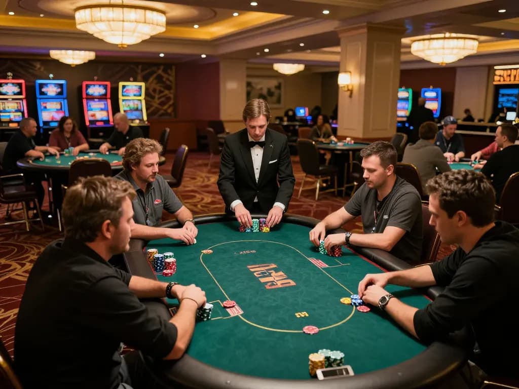Engaged players strategizing their next move at a fabet poker table in a luxurious casino setting.