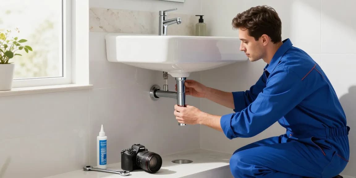 Strakke sifon wastafel installatie onder een stijlvolle wastafel door een professionele loodgieter in een moderne badkamer.