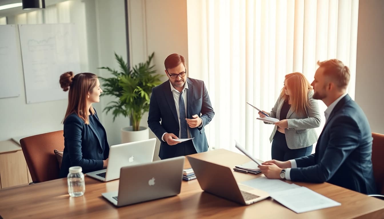 Unternehmensberatung in action, consultants collaborating over business strategies in a modern office.
