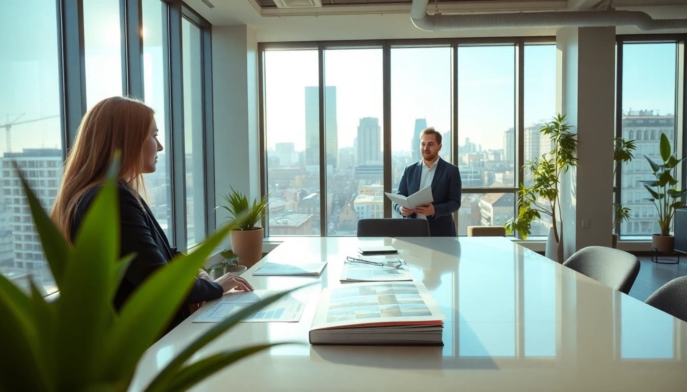 Immobilienmakler Frankfurt Sachsenhausen präsentiert Immobilienoptionen im modernen Büro.