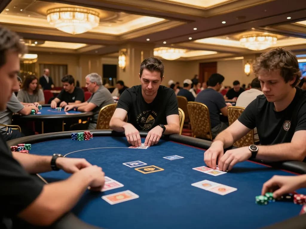 Players engaging in a crucial moment at the poker table, showcasing strategic gameplay with go 88 as they analyze their hands.