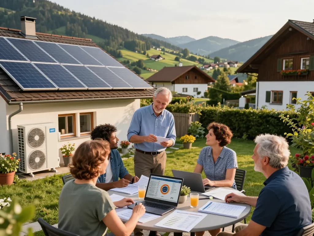Ansprechende Szene von Hausbesitzern, die Photovoltaik Bayern Lösungen besprechen, während sie Solarmodule in der bayerischen Natur betrachten.