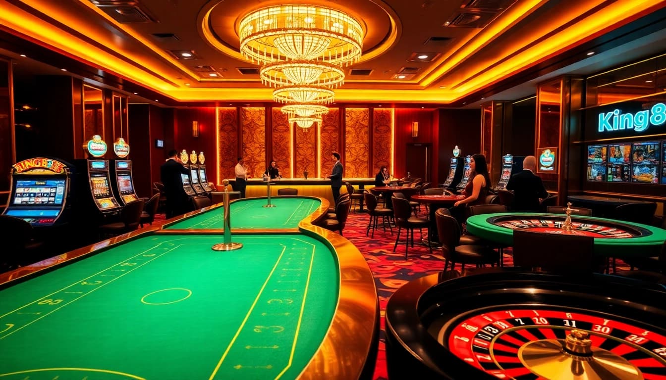 King88 players celebrating wins at an upscale casino with poker tables and slot machines.