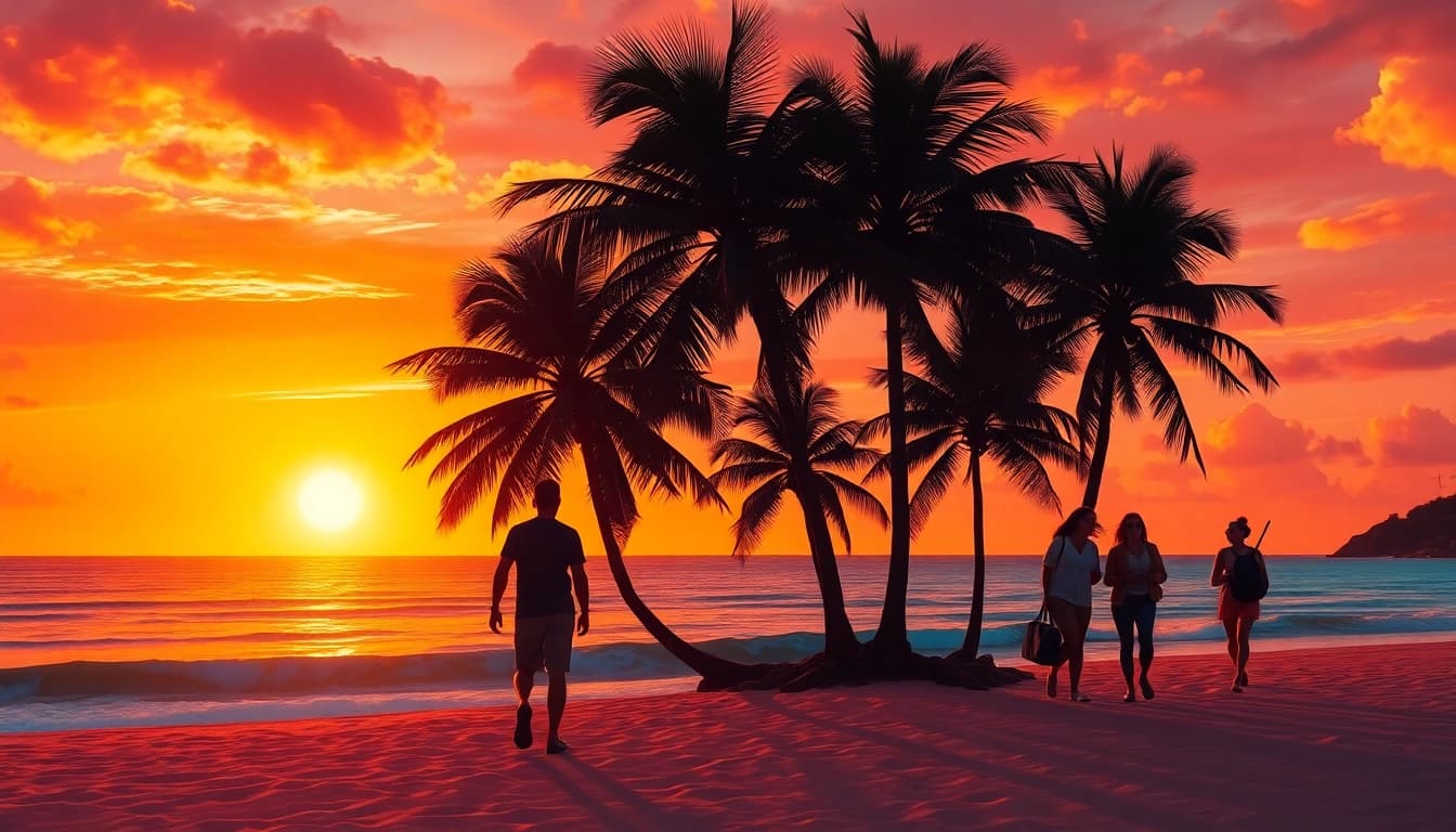 Erleben Sie faszinierende Fernreisen an einem tropischen Strand bei Sonnenuntergang.