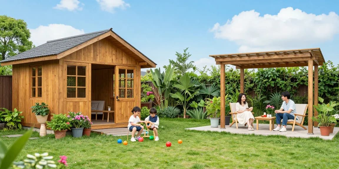 Familie genießt entspannt ihr neues Gartenhaus im malerischen Garten mit Spielzeug und Blumen.