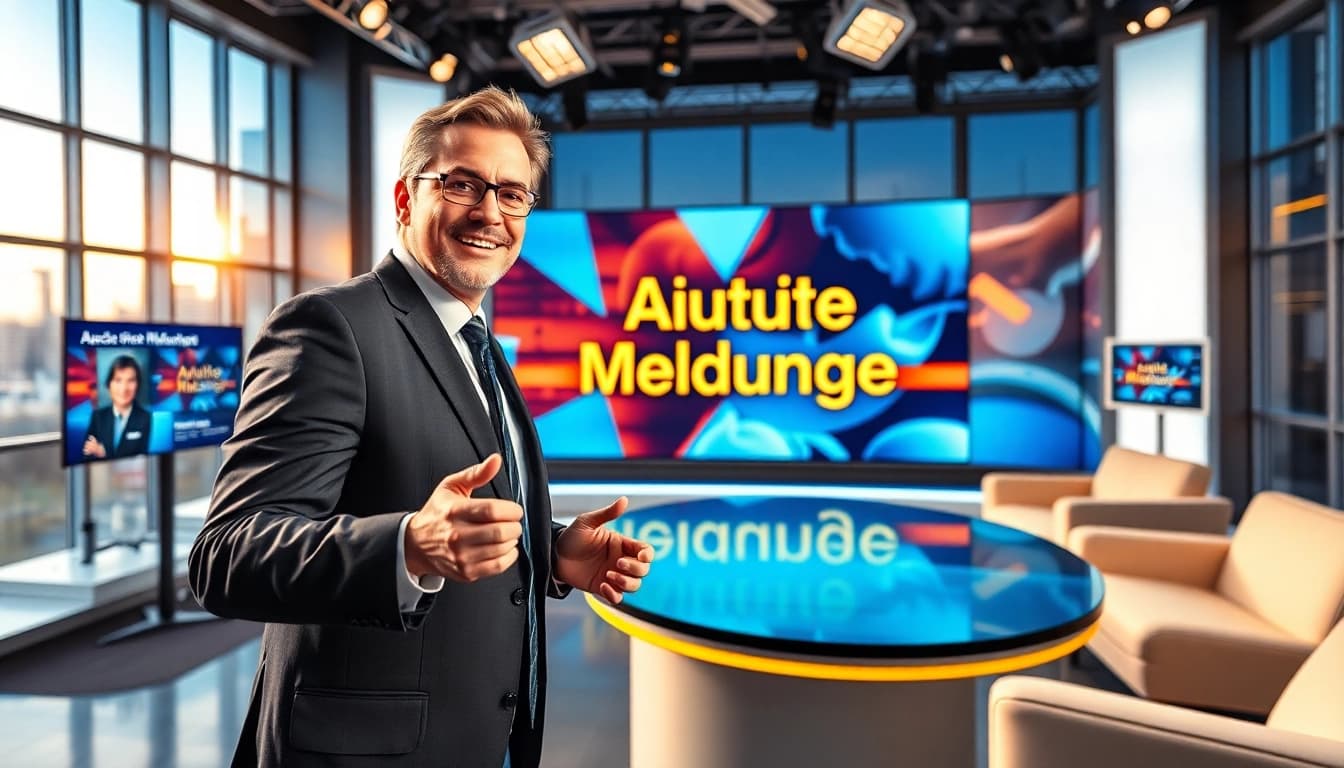 Aktuelle Meldungen präsentieren durch einen professionellen Nachrichtenreporter in einem modernen Studio.