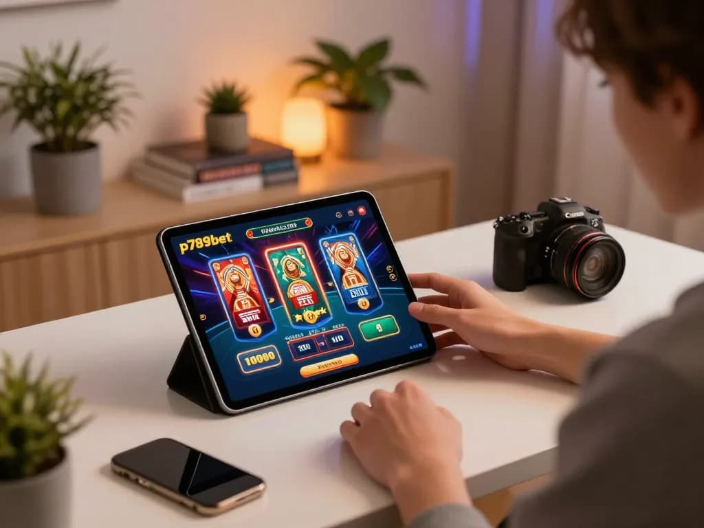 Player engaging in thrilling online gaming on p789bet app at home with a tablet and comfortable decor.