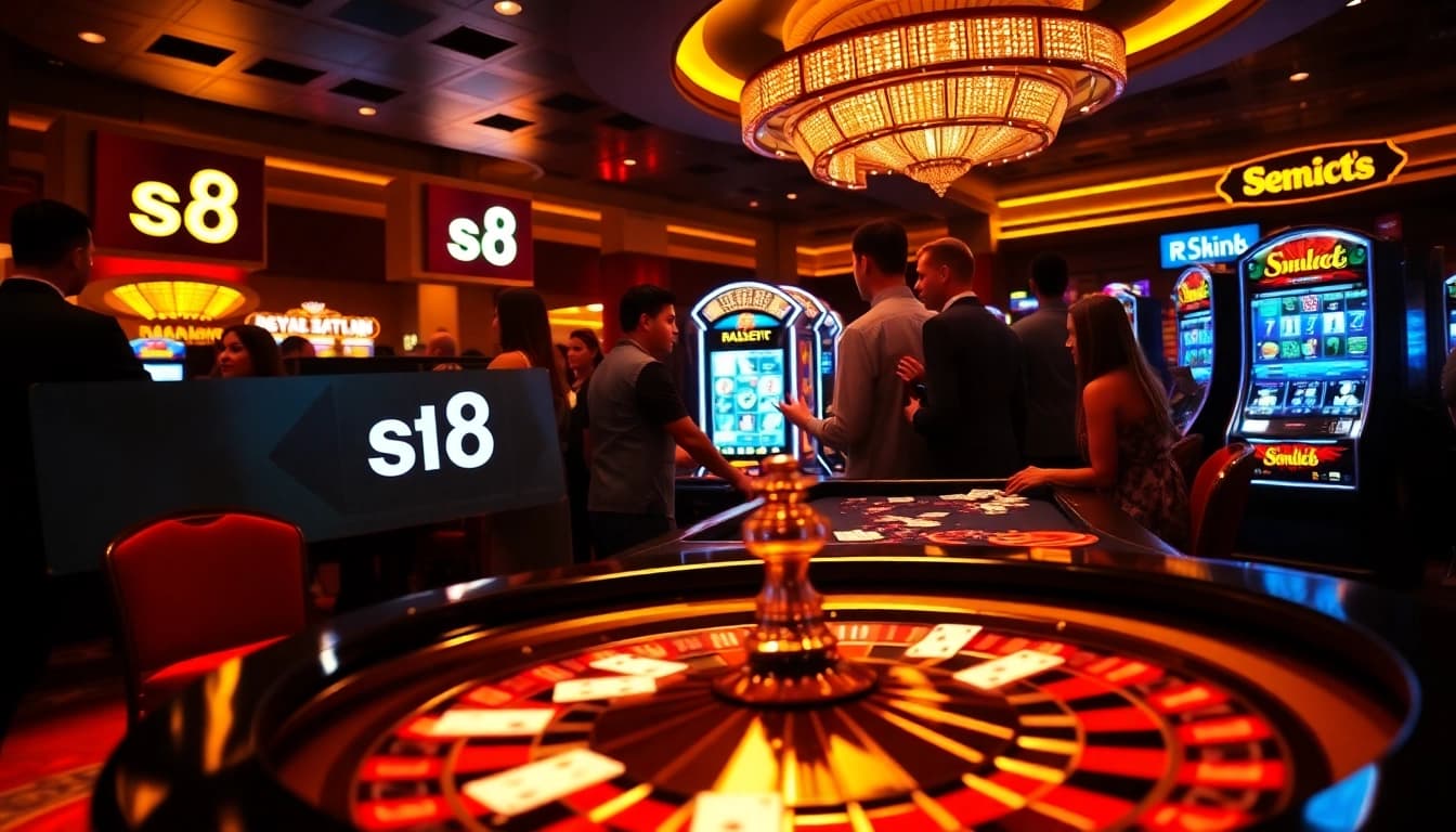 Players enjoying casino games at S8, with poker chips and a roulette wheel in action.