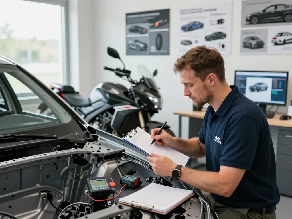 Experte Kfz Gutachter Düren bewertet Fahrzeugschäden in einer professionellen Kfz-Prüfungsumgebung.