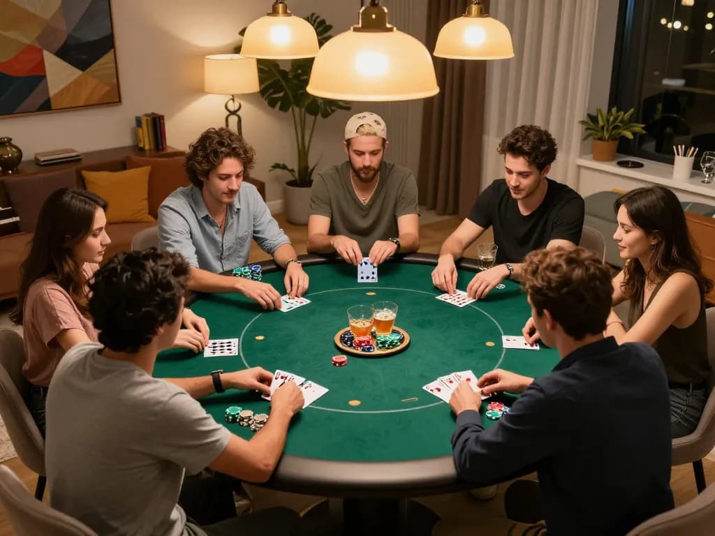 Friends enjoying an engaging night of poker at B52 club, analyzing hands and strategizing, warm ambiance.