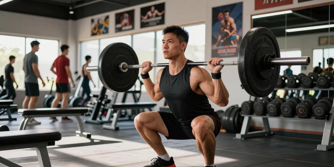 Bodybuilder in Anabolika Shop performing a squat workout in a modern gym setting.