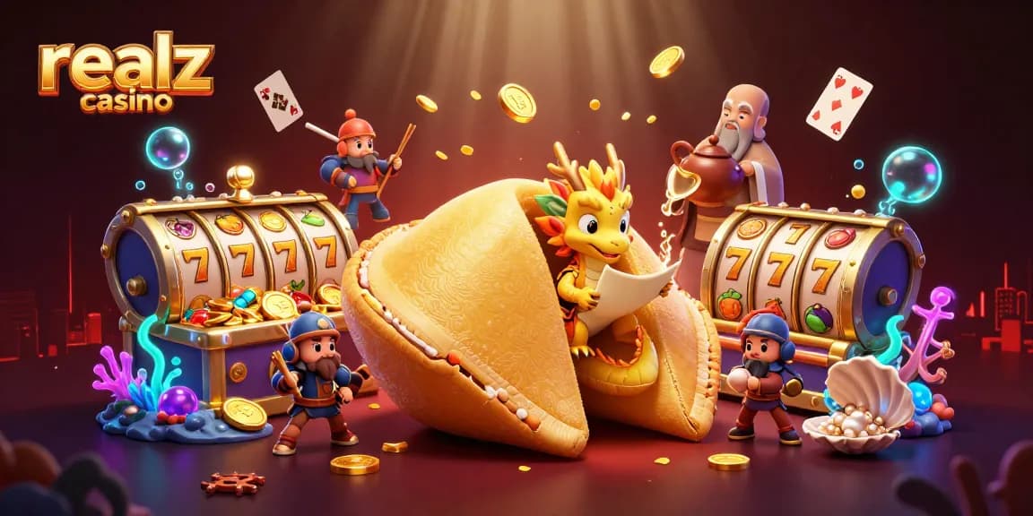 Experience the thrill of realz casino with a vibrant 3D illustration of a golden fortune cookie and dynamic gaming elements.