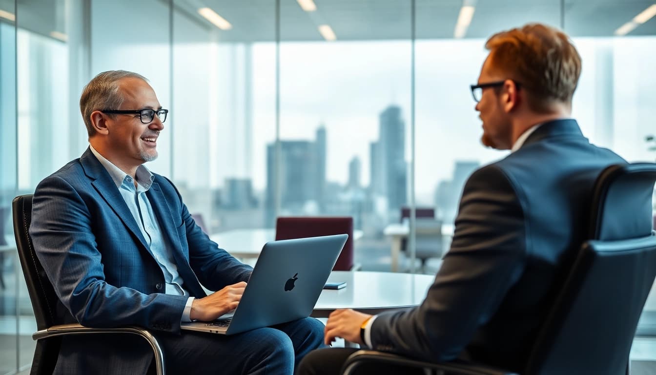 Headhunter Oberhausen in einem modernen Büro, der mit einem Kandidaten spricht und seine Professionalität demonstriert.