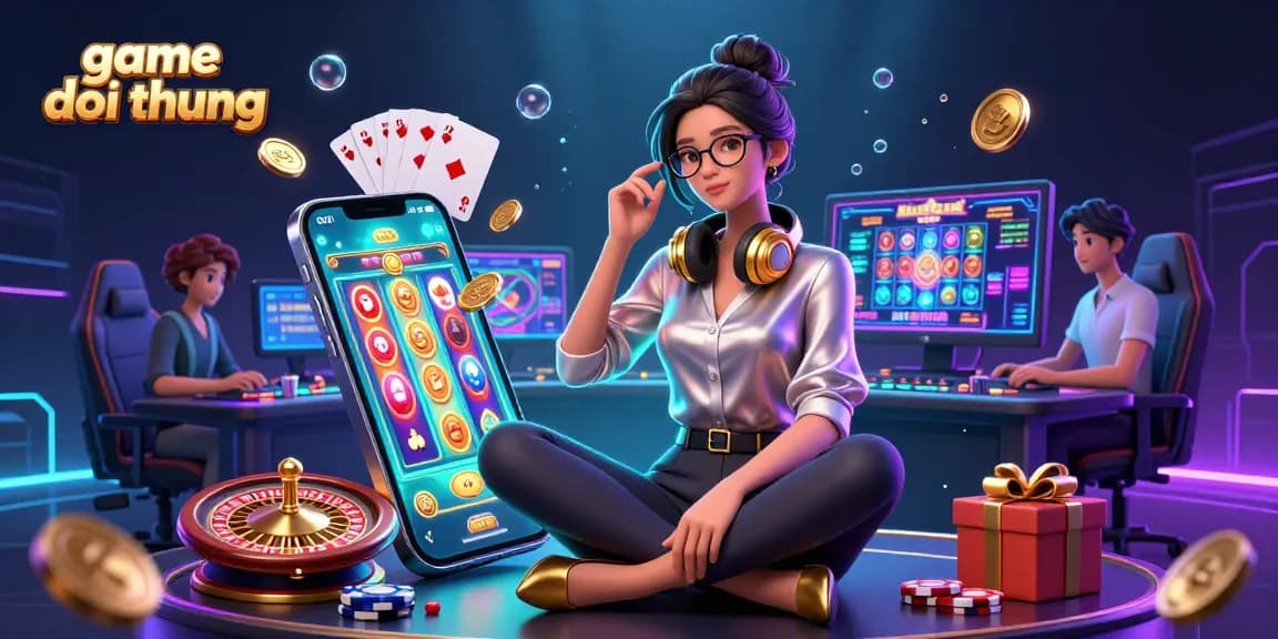 Play exciting game doi thuong with a stylish Asian woman at a dynamic gaming setup filled with casino elements.