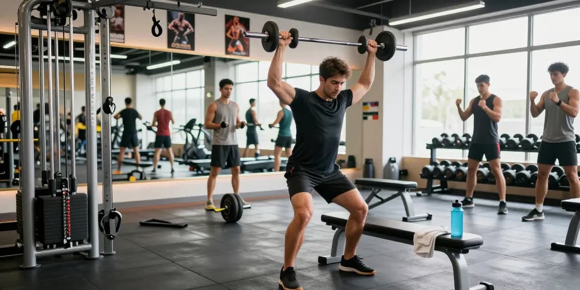 Anabolika Shop Deutschland-Szene, die einen männlichen Bodybuilder zeigt, der in einem lebhaften Fitnessstudio Gewichte hebt und die Fitness- und Bodybuilding-Kultur betont.