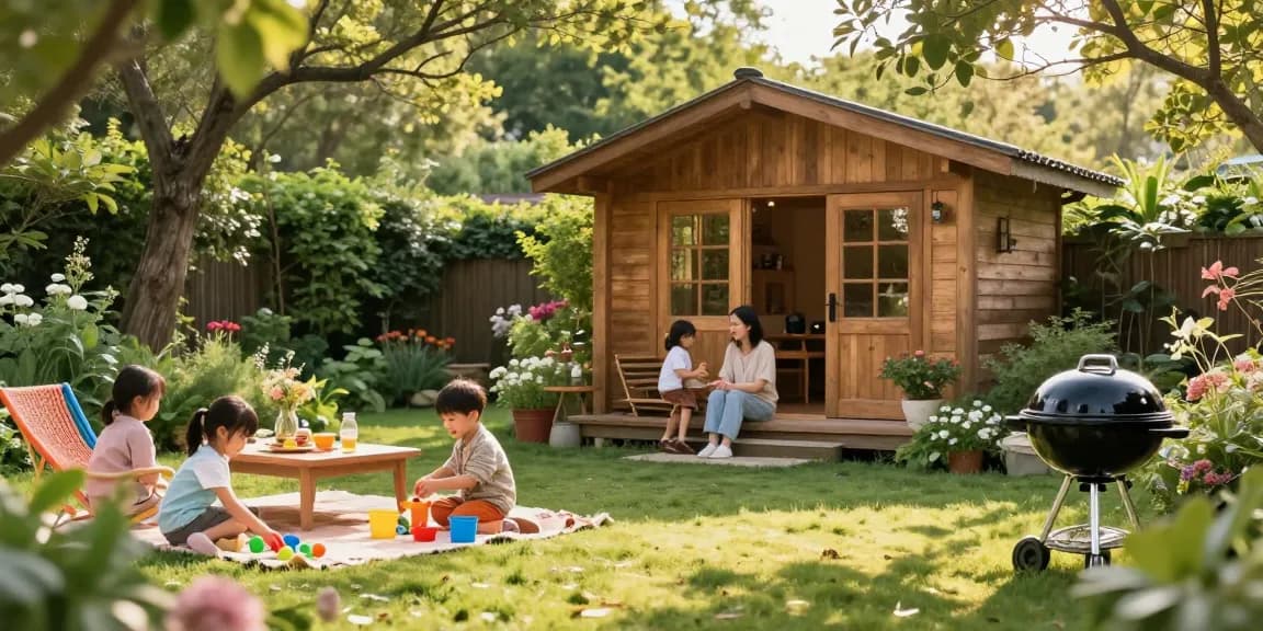 Gartenhaus Holz umgeben von blühenden Pflanzen und einer Familie, die im Garten spielt.