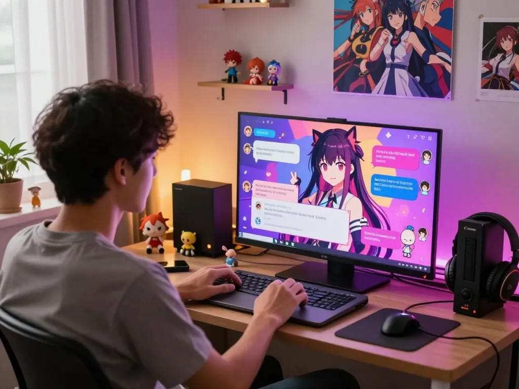 Engaging hentai AI chat scene featuring a user interacting with animated characters in a colorful, cozy bedroom setup.