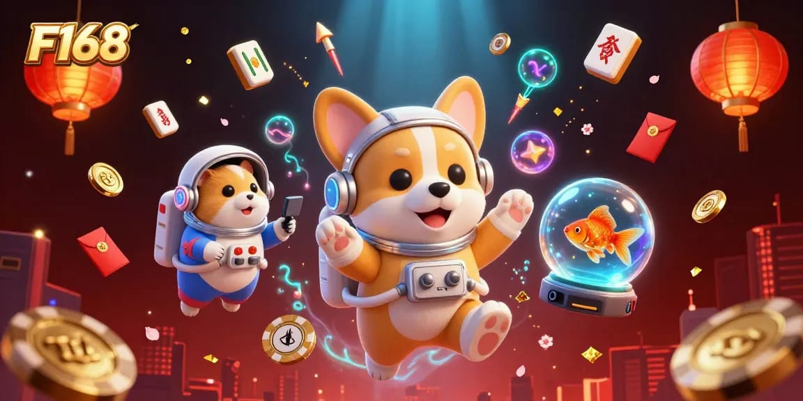 Experience F168's thrilling casino atmosphere with floating coins and vibrant game elements in a space station setting.