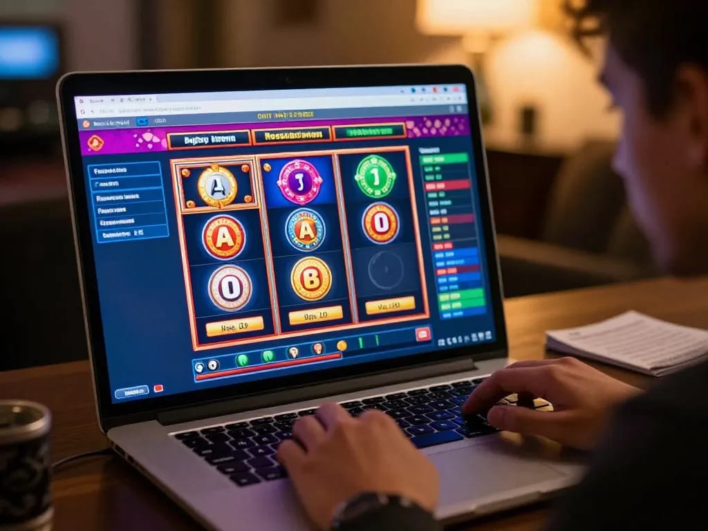 Engaging in online casino gaming, qq88 là gì shown on laptop with vibrant slots and responsible betting elements