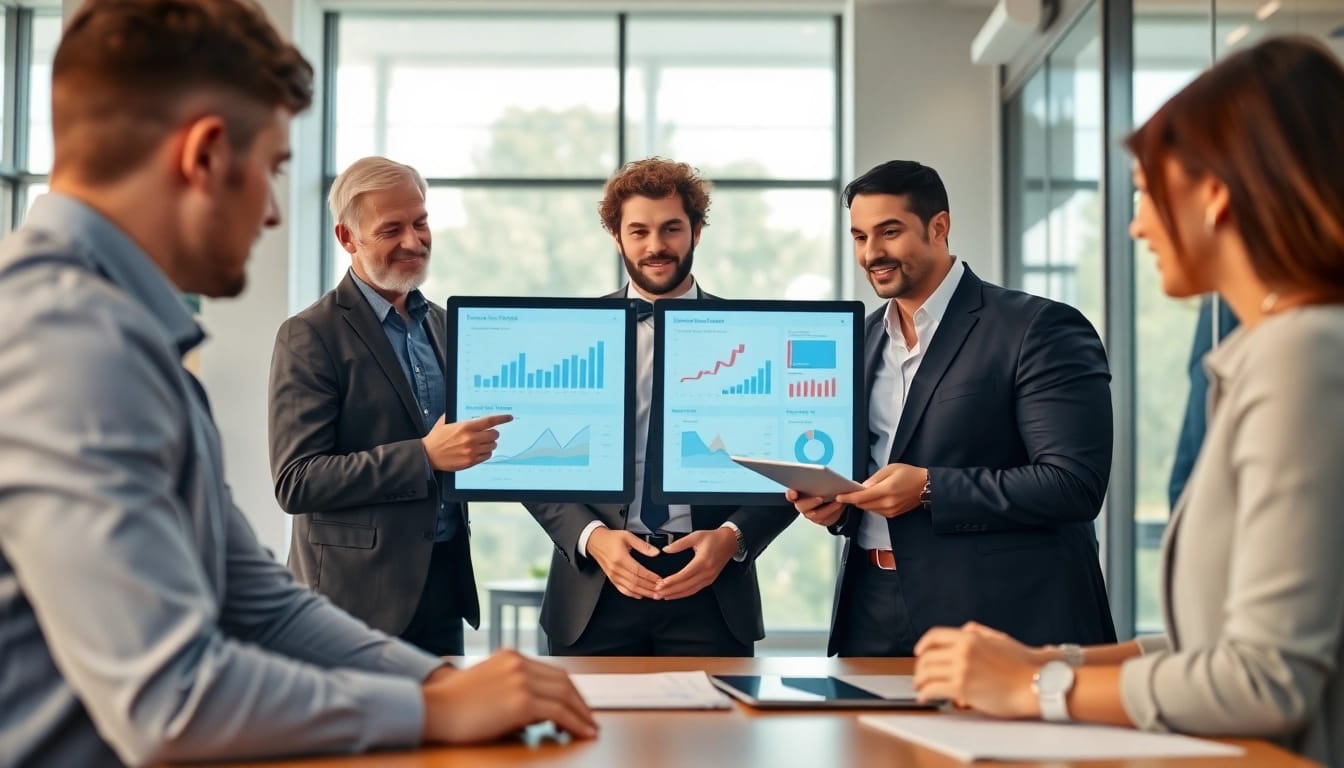 Versicherungsvergleich: Gruppe beim Diskutieren von Versicherungsoptionen in modernem Büro.