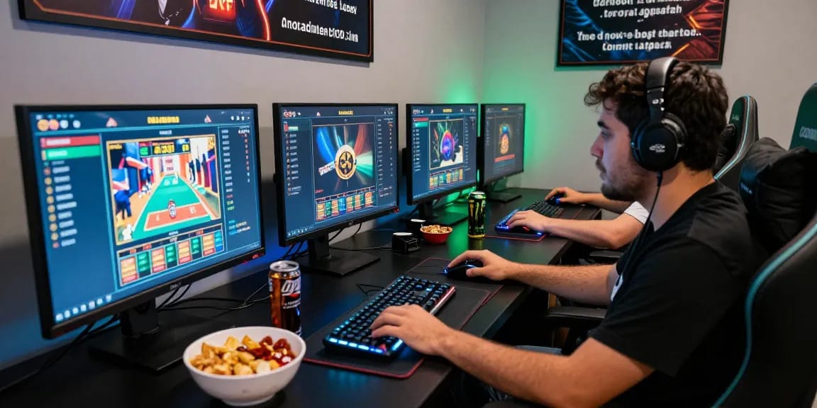 Gamer excitedly using rokok88 login on multiple screens, highlighting a dynamic online gaming experience.