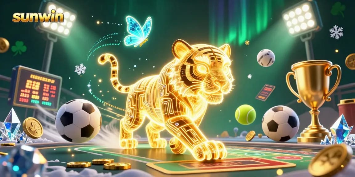 Sunwin game scene featuring a glowing tiger in a vibrant casino landscape with sports elements.