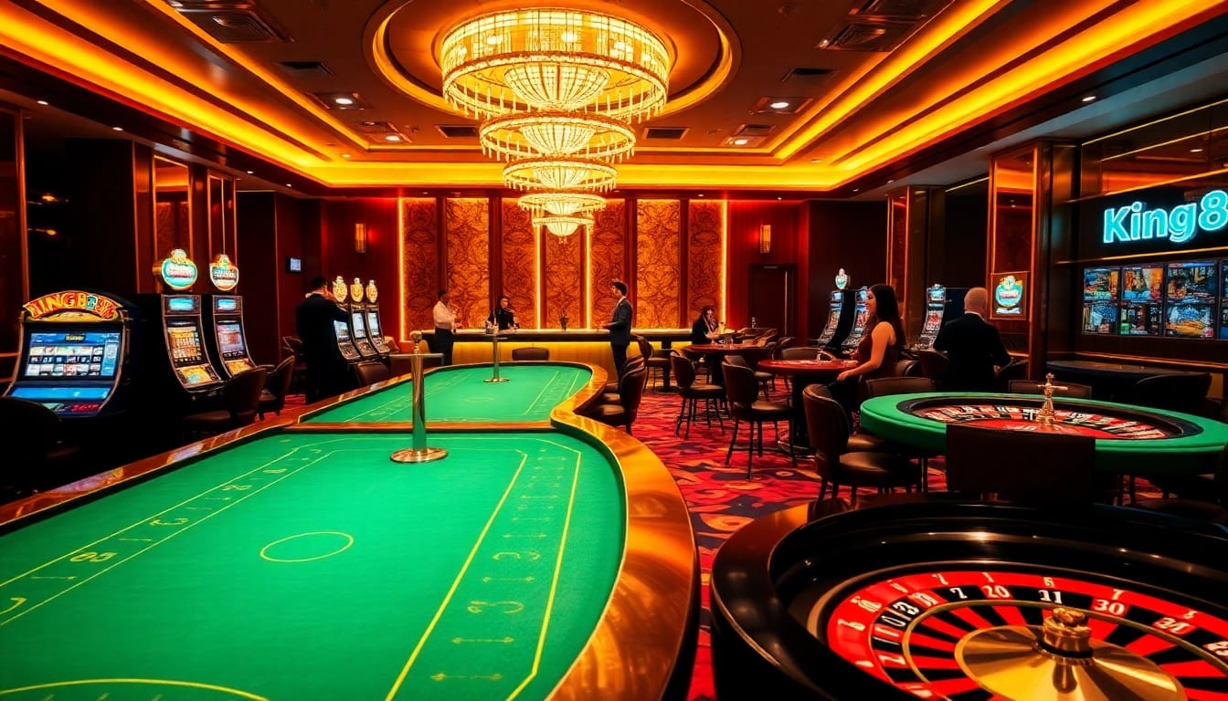 King88 players celebrating wins at an upscale casino with poker tables and slot machines.