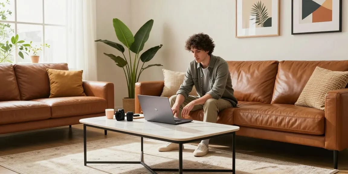Entdecken Sie stilvolle Möbeloptionen, während Sie möbel online kaufen in einem hellen, modernen Wohnzimmer.