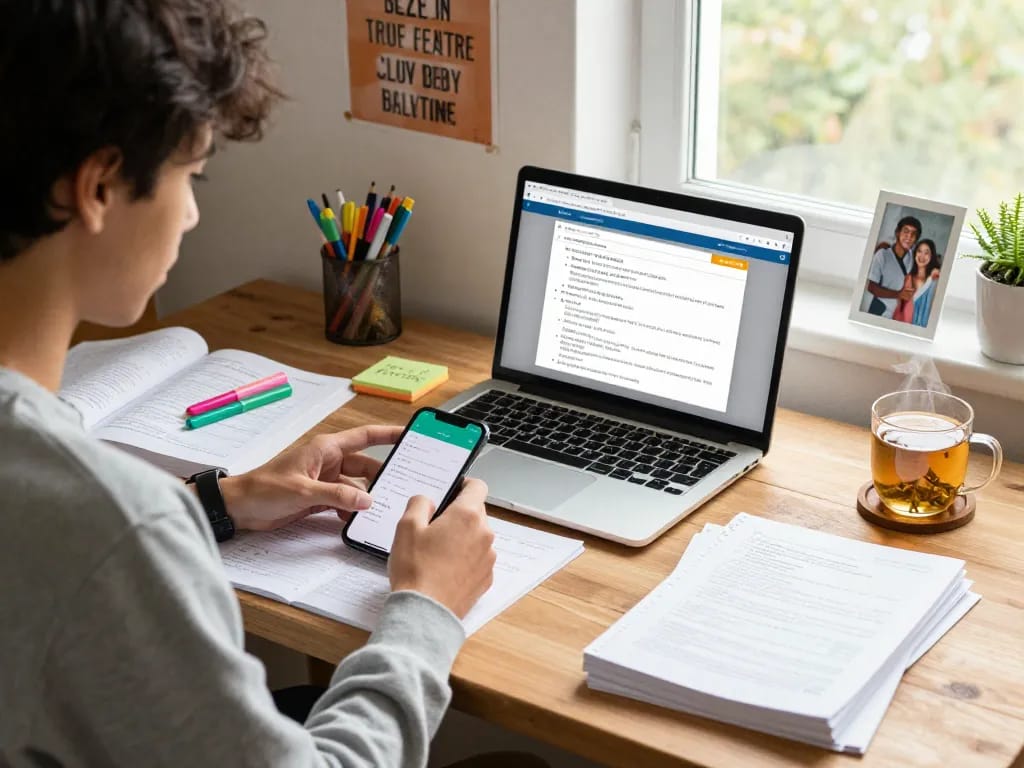 Schüler nutzt die Hausaufgaben-Scanner-App auf dem Laptop in einem gemütlichen Arbeitszimmer.