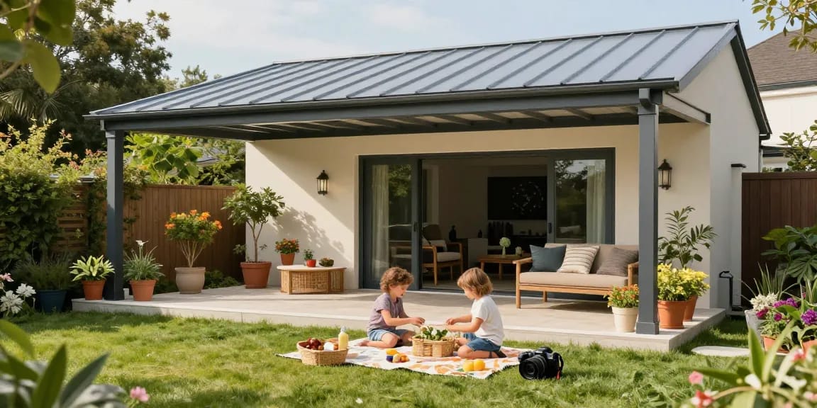 Moderne Terrassenüberdachung aus Aluminium auf einer einladenden Terrasse mit Familie im Freien.