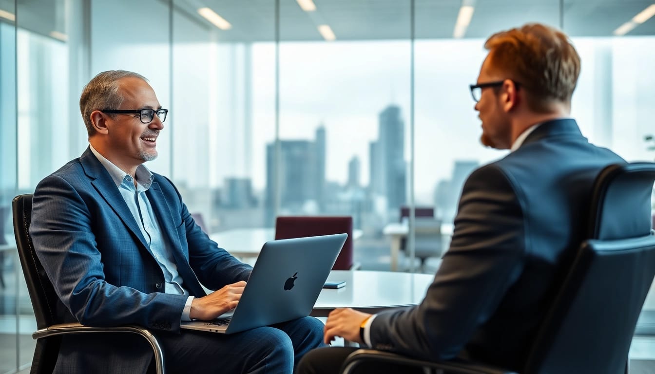 Headhunter Oberhausen in einem modernen Büro, der mit einem Kandidaten spricht und seine Professionalität demonstriert.