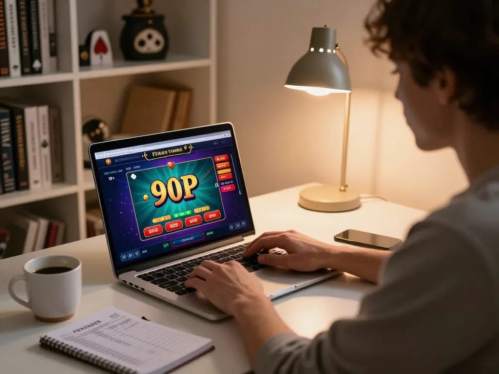 Engaging in the 90P online casino game at a stylish desk setup, showcasing bankroll management.