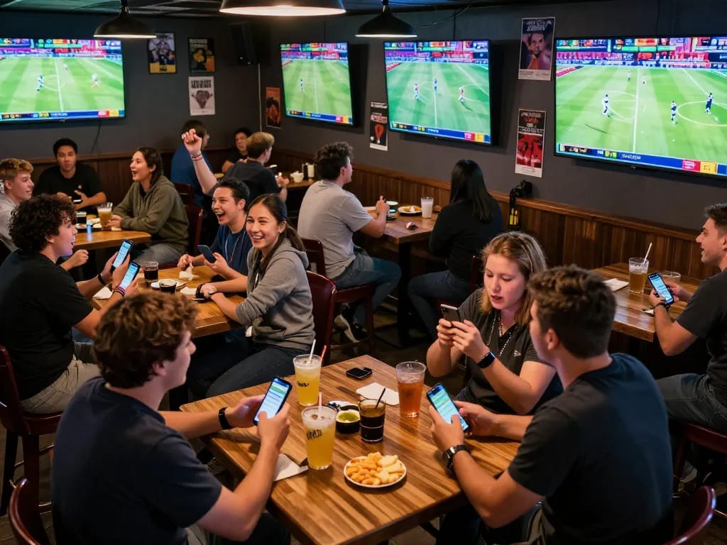 Tỷ lệ kèo nhà cái hôm nay showcased as patrons place bets in an energetic sports bar setting