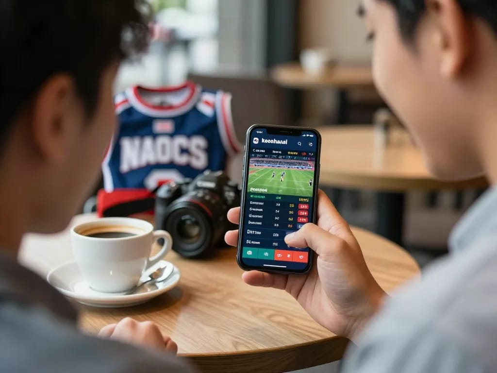 Engaged user checking keonhacaii sports betting odds on smartphone, vibrant café setting