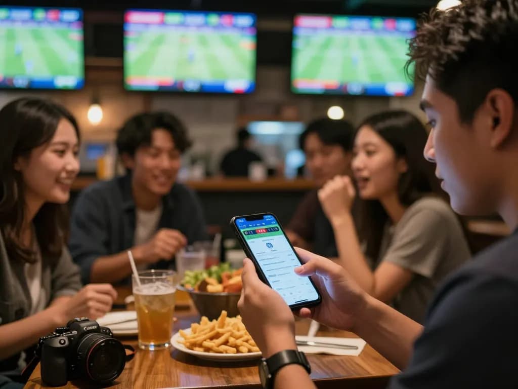 Soi kèo bóng đá action captured with person betting live on smartphone in lively sports bar.