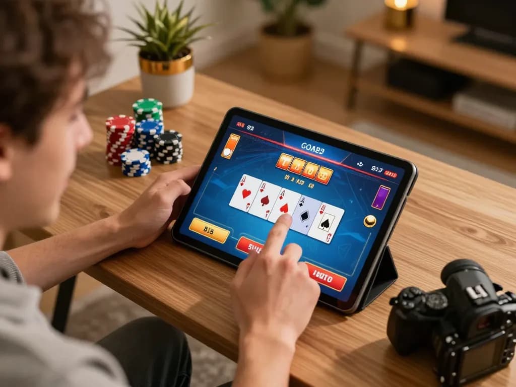 Engaging online poker gameplay on a tablet with mb668 in a cozy home setting.