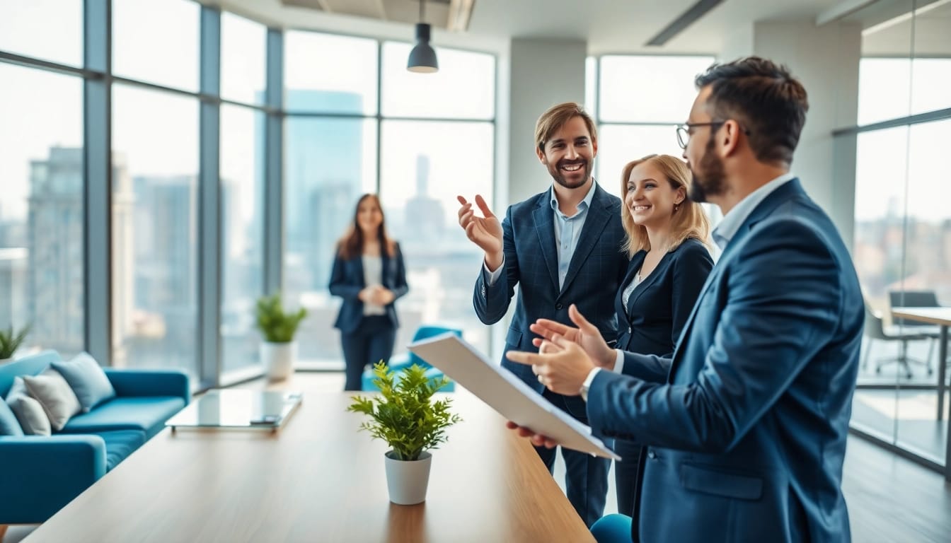 Immobilienmakler Frankfurt Preungesheim Beratung in modernem Büro mit Klienten.