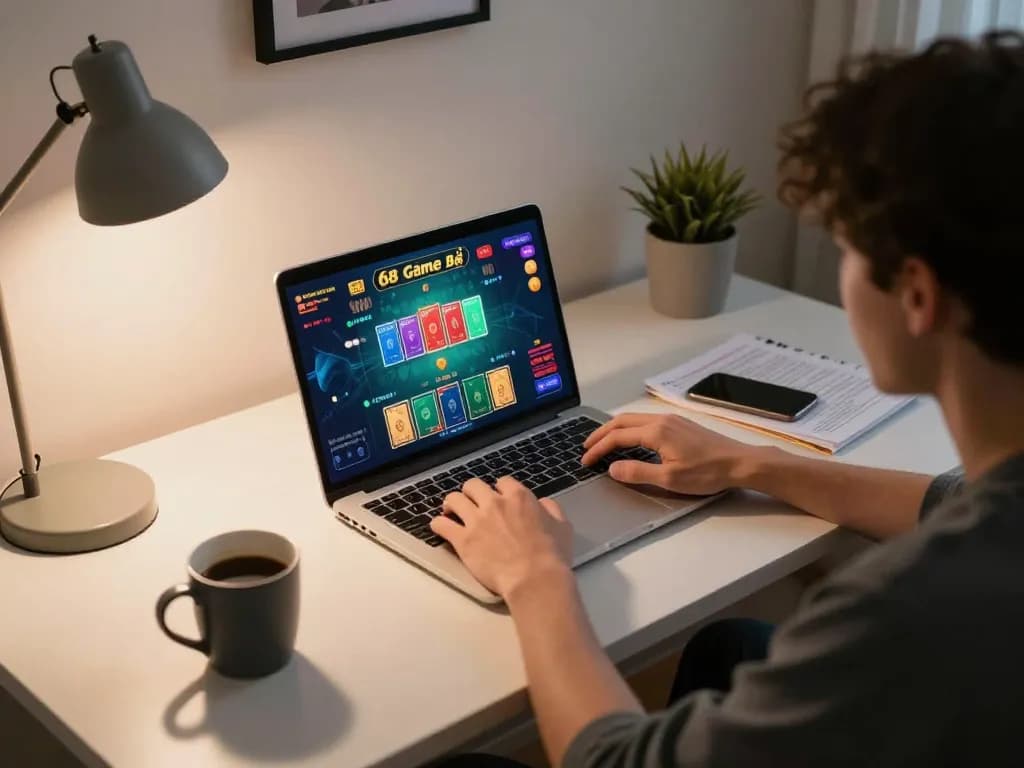 Engaged player enjoying a session of 68 Game Bài on their laptop during a strategic gaming evening.