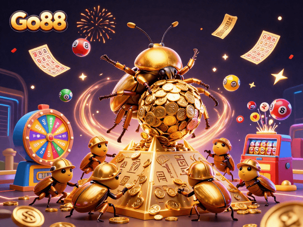 Experience the excitement of Go88 with golden beetles collecting coins in a vibrant casino-themed scene