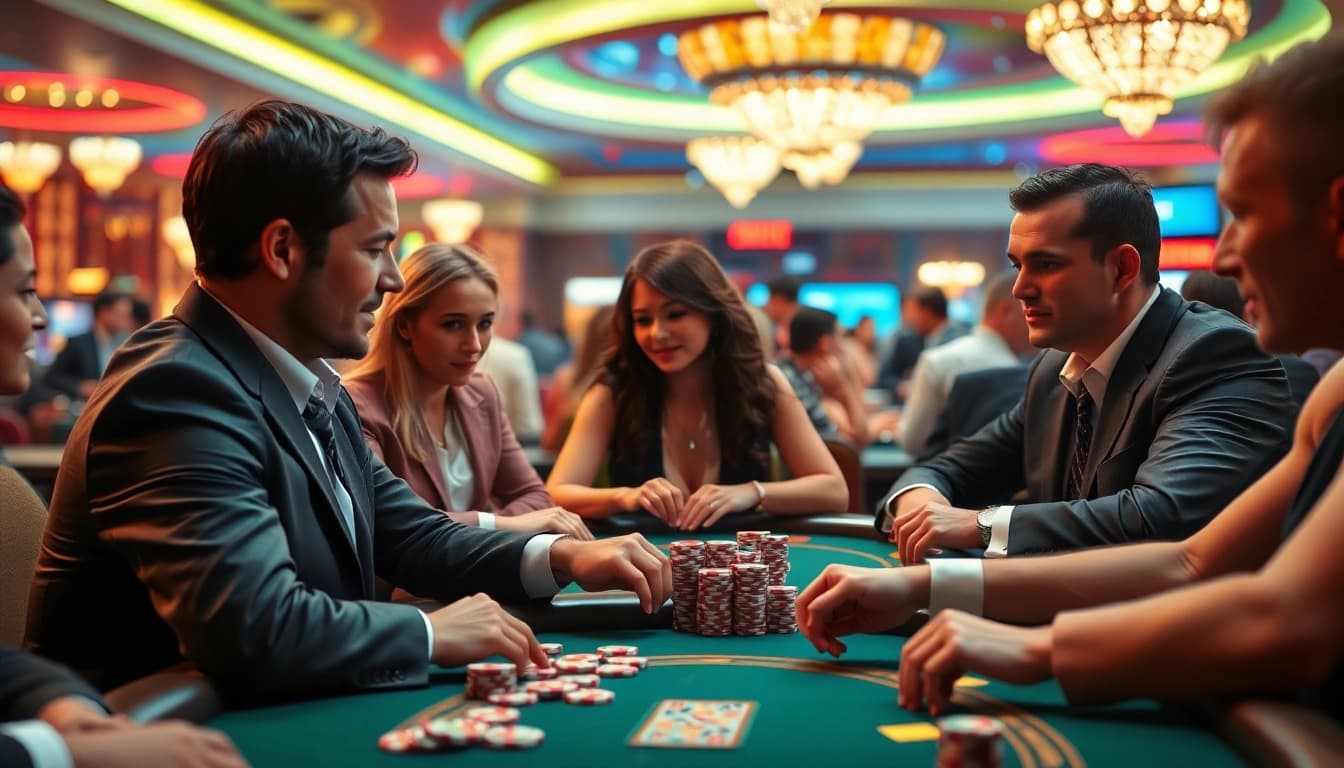 Intensivpflege Frankfurt in einem spannenden Casino-Moment zwischen Spielern und Poker-Tischen.
