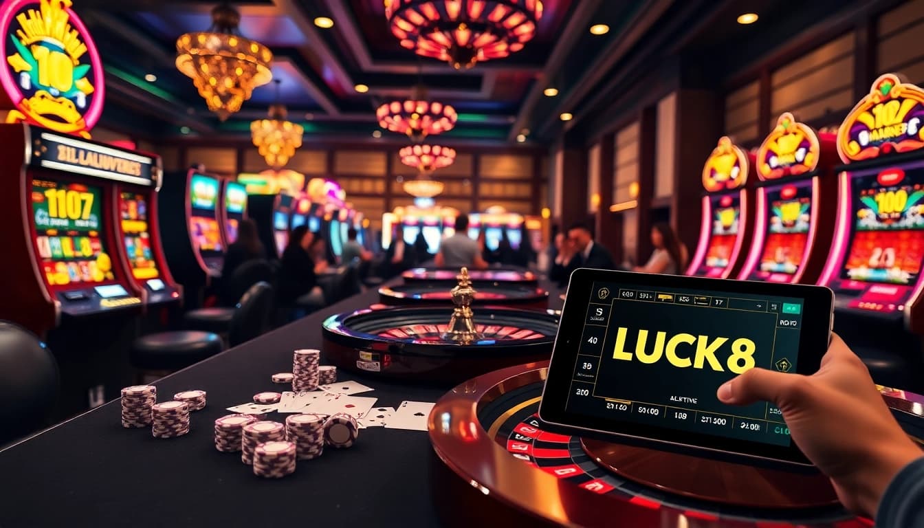 Experience high-stakes gaming action at LUCK8 casino with vibrant slot machines and elegant poker tables.