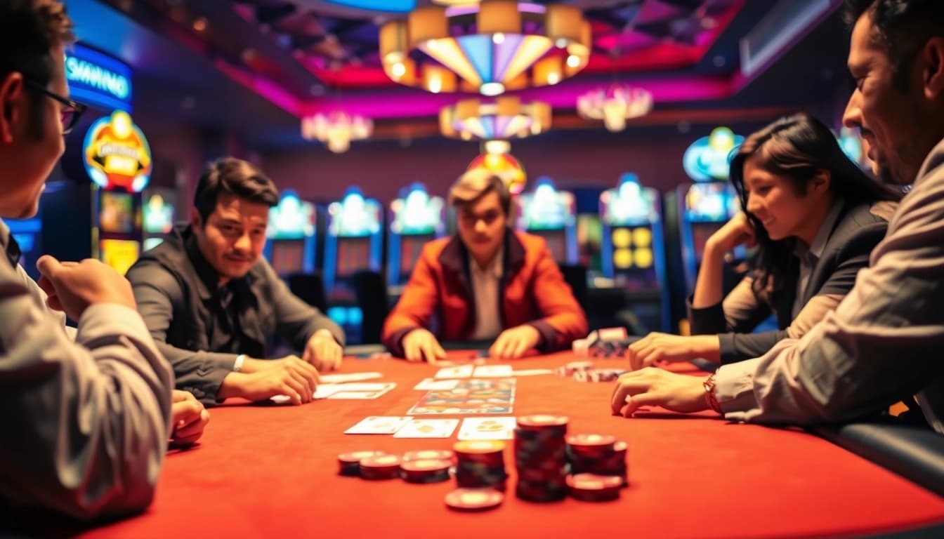 Erleben Sie die Spannung von Casino Spielen.de mit Spielern am Tisch unter stimmungsvollem Licht.