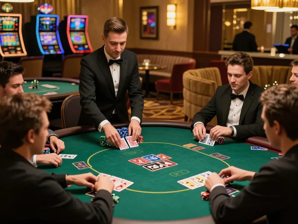 KJC players strategically betting in a high-stakes poker game at an upscale casino.