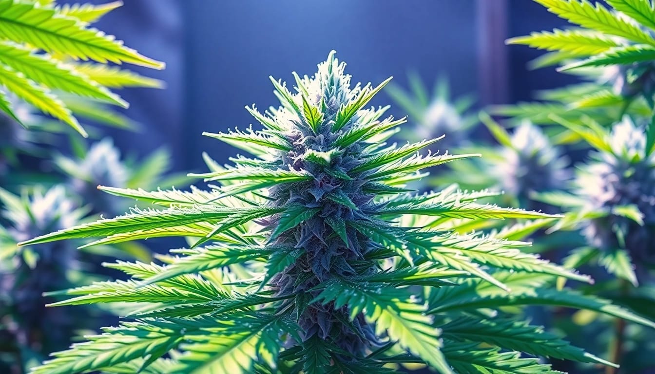 Exquisite White Widow cannabis plant with sparkling trichomes and vibrant leaves in a grow setting.